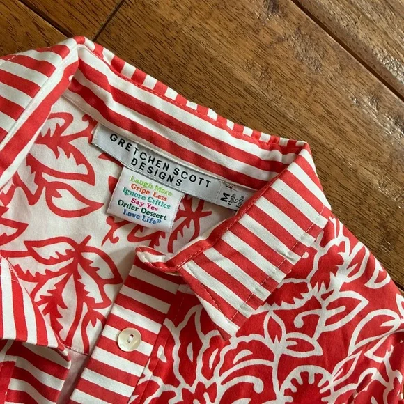Gretchen Scott Designs Orange and White Floral and Striped Pattern Shirt, Med - Picture 4 of 6